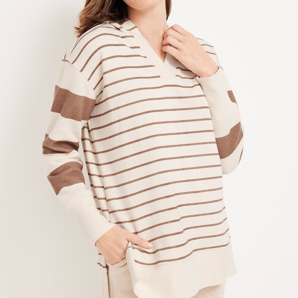 Maurices Sweatshirt Cream & Brown Stripe V-neck Hooded Oversized Medium Women’s - Picture 11 of 11